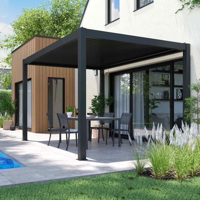Pergola bioclimatique 3 x 4 m autoportée avec 3 stores gris - Oviala