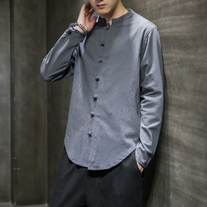 Blusa Tang de Kung Fu para hombre - FUNMOON - Lino de manga 3/4 - Azul claro - Cuello mandarín