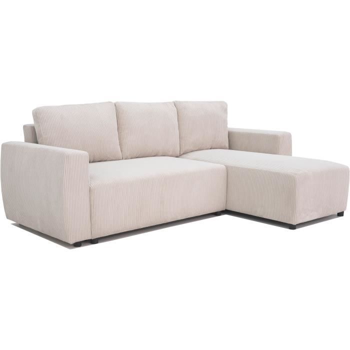 Sofá cama esquinero reversible PHARELL de 3-4 plazas - Pana beige - Compartimento de almacenamiento - Ancho 230 x Profundidad 155 x Alto 95 cm
