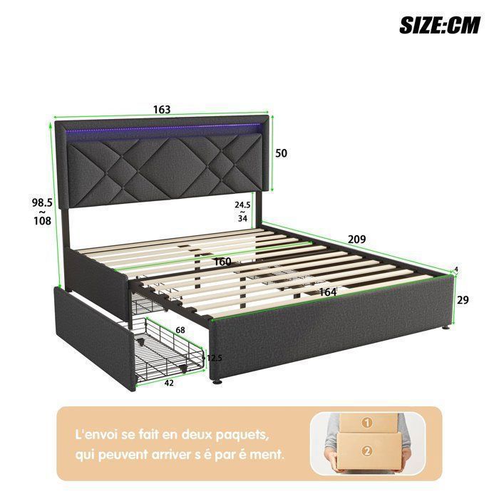 Chambre complete adulte,sommier 160x200,lit deux place,Lit coffre 160x200,lit led,tête de lit avec LED,4 tiroirs,Lin,Gris foncé