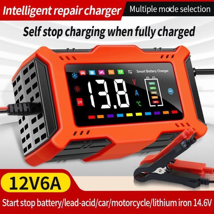 Caricabatterie intelligente 12V 6A – Per avviamento, manutenzione e riparazione di batterie al piombo e al litio, colore rosa