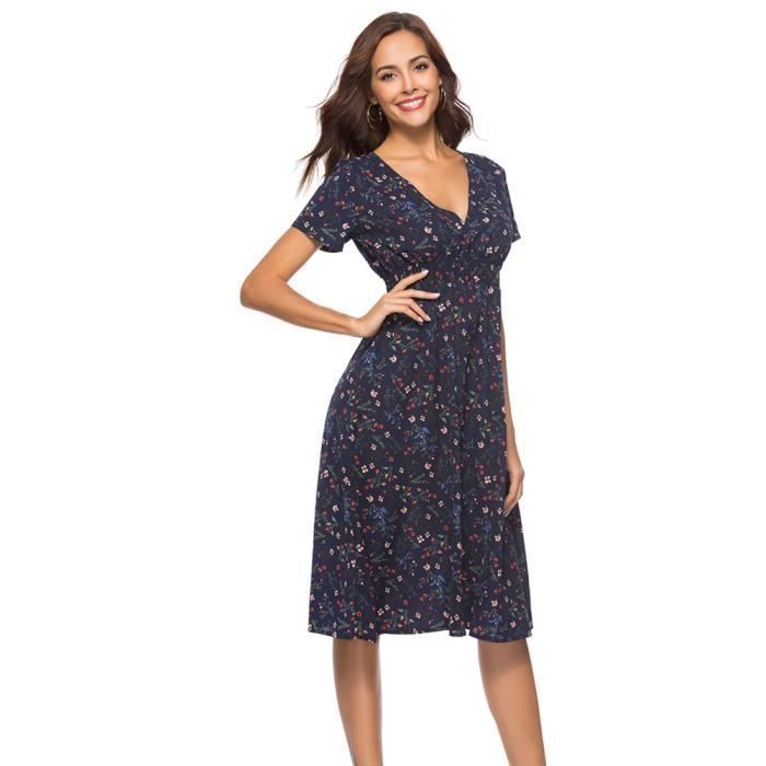 Robe à imprimé fleuri - MOBIGARLAN - pour Femme - Fermeture éclair - Jupe plissée - Bleu marine et Rose