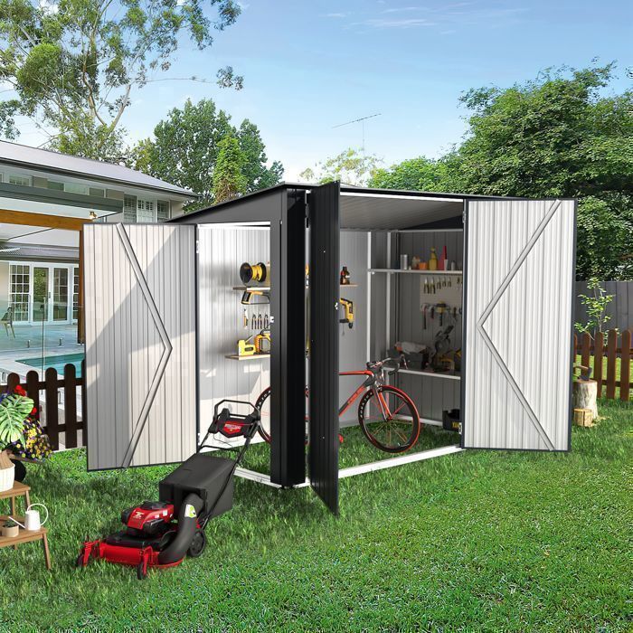 Caseta de jardín metálica YODOLLA de 2,65 m², 3 puertas correderas, techo inclinado, para bicicletas/motos - 225x118x170 cm - Gris