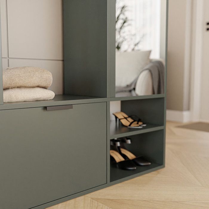 Guarda-roupa MILO com espelho - Cabideiro com sapateira e prateleiras - Verde Pedra - 100 x 33 x 190 cm