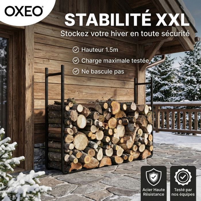 Range bûches XXL extensible - Range bois grande hauteur grosse capacité - Hauteur 1.5 m - Acier revêtement époxy