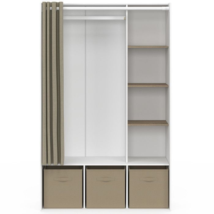 IDMARKET Dressing penderie DIANE 105 x 45 x 167 cm blanc avec étagères + boites de rangement + rideau taupe