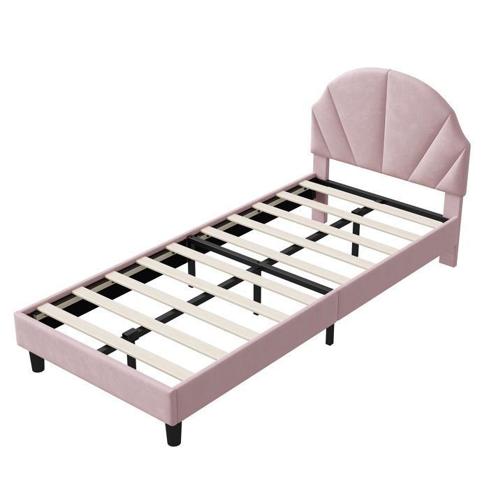 Cama de 90x200cm - Cama infantil, individual y con somier de láminas - con cabecero ajustable, diseño de conchas marinas - en terciopelo rosa