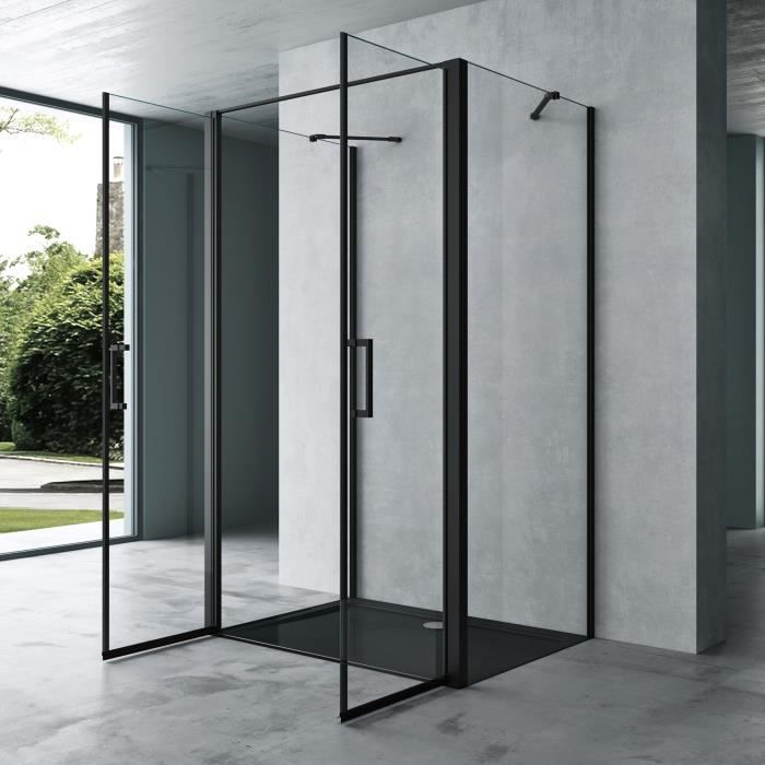 Cabina de duche Mai & Mai® 90x120 para parede simples, porta autoelevatória, divisória de duche retangular, vidro preto transparente Rav66UK
