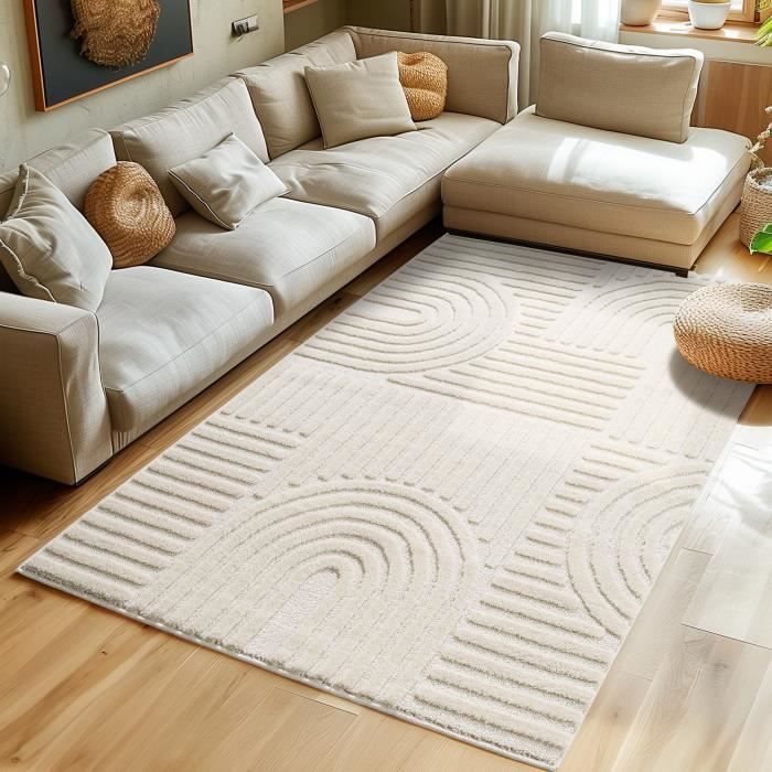 Vloerkleed voor de woonkamer, Scandinavische en bohemian stijl met een 3D-design, zacht en pluizig. Afmetingen: 140 x 200 cm, kleur: crème.