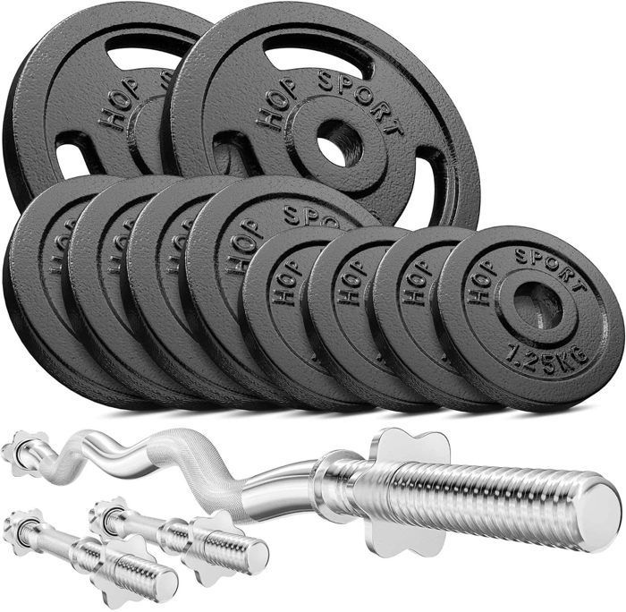 Juego de mancuernas de hierro fundido Hop-Sport de 37 kg con barra de curl SZ, barras cortas para mancuernas y discos de peso, juego completo de mancuernas