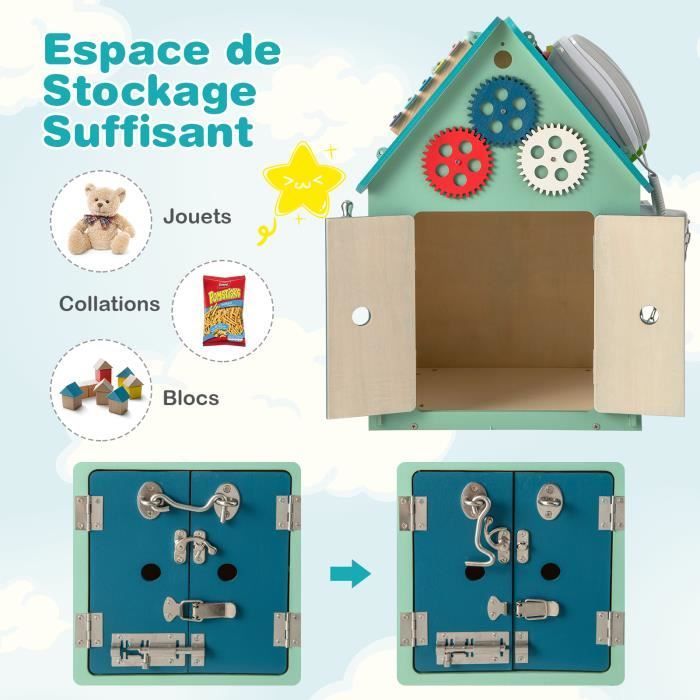 Cubo de actividades de madera DREAMADE para niños, casita de juegos de 33 piezas, espacio de almacenamiento interior para niños de 3 años en adelante, azul