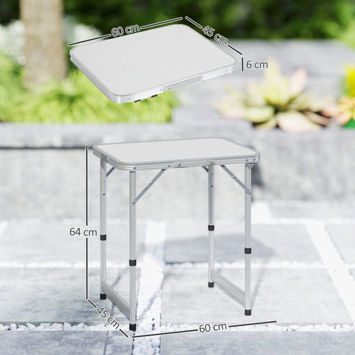 Mesa plegable Outsunny - ideal para camping, jardín o patio, altura regulable y que ahorra espacio - fabricada en aluminio y MDF - color blanco.