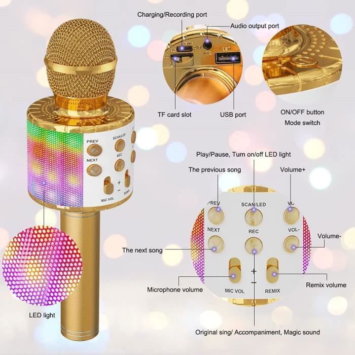 Microfono karaoke wireless, microfono karaoke per bambini con luce LED danzante, microfono Bluetooth per bambini, oro