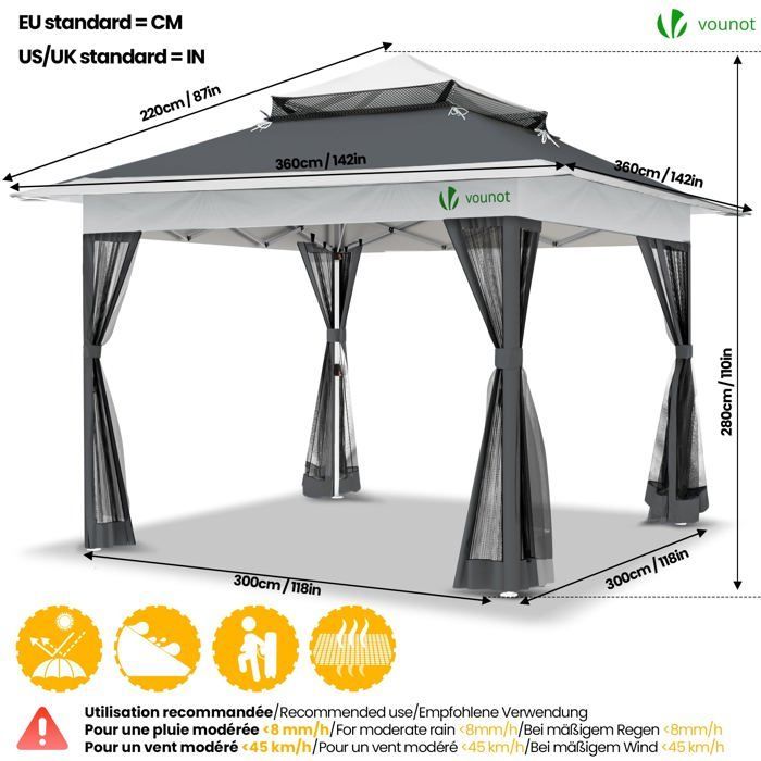 Cenador de jardín exterior VOUNOT® de 3,6 x 3,6 m, plegable con mosquitera, color gris.