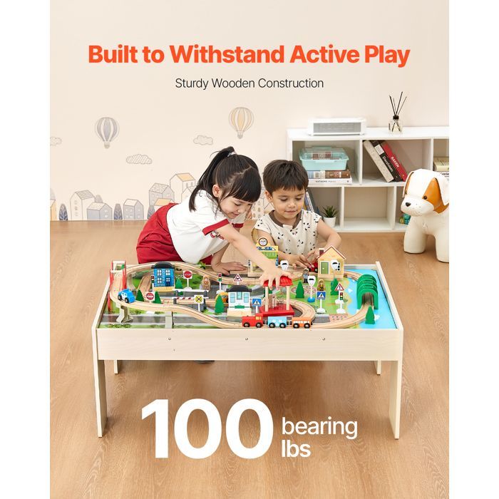 Mesa de juego de trenes de madera VEVOR - 84 piezas - Caja de almacenamiento plegable - Mesa de actividades 3 en 1 de doble cara - Para niños de 3 años en adelante