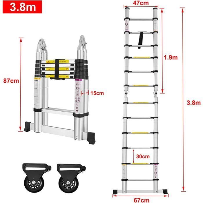 Échelle Télescopique Aluminium NAIZY 3.8M - Pliable Portable 12 échelons - Charge 150KG - Argent