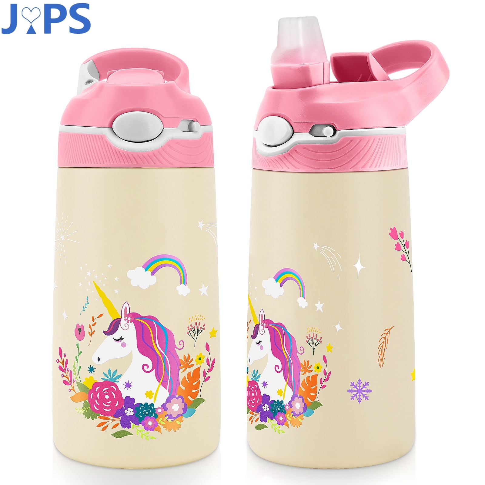 400-ml-Trinkflasche für Kinder, Thermosflasche mit niedlichem Muster, Thermosflasche für Kinder, Schultrinkflasche mit Strohhalm, BPA-frei