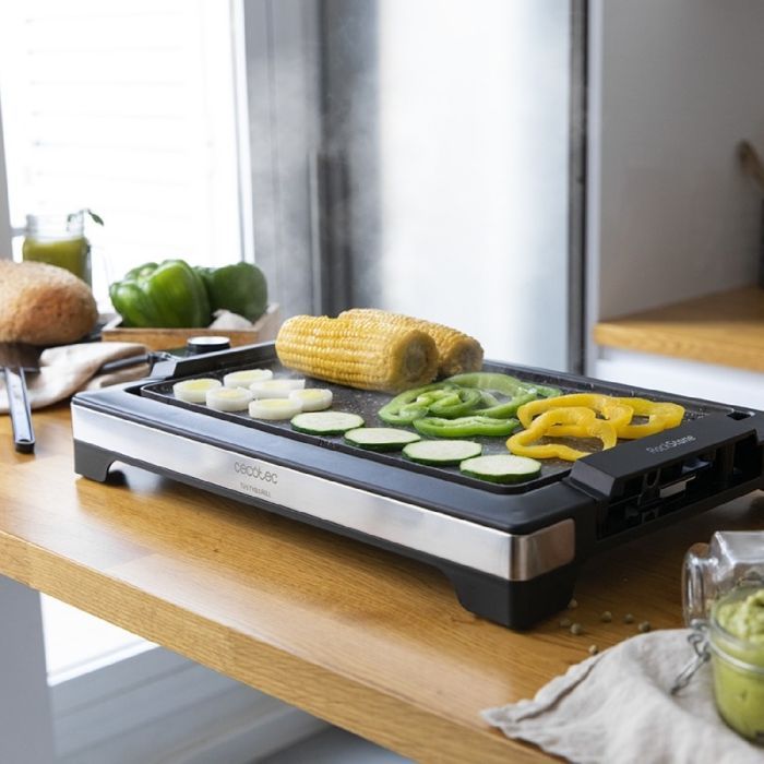 Cecotec Tasty & Grill 2000 Plancha électrique en acier inoxydable 2000 W, plaque RockStone antiadhésive, thermostat réglable