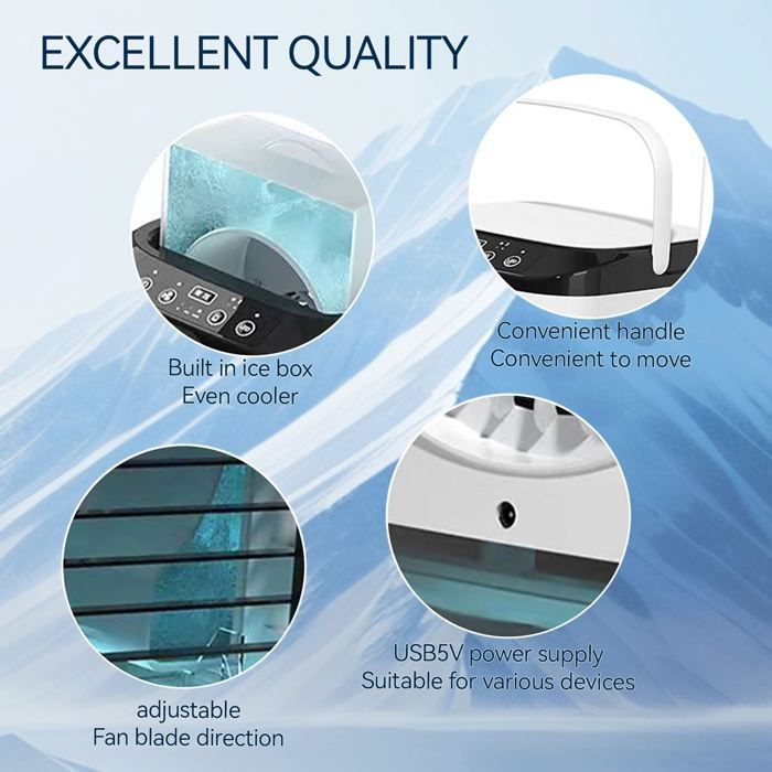 Mini aire acondicionado portátil de 900 ml - Enfriador de aire - 3 velocidades - Ventilador con movimiento hacia arriba y hacia abajo - Silencioso y portátil - Luz nocturna