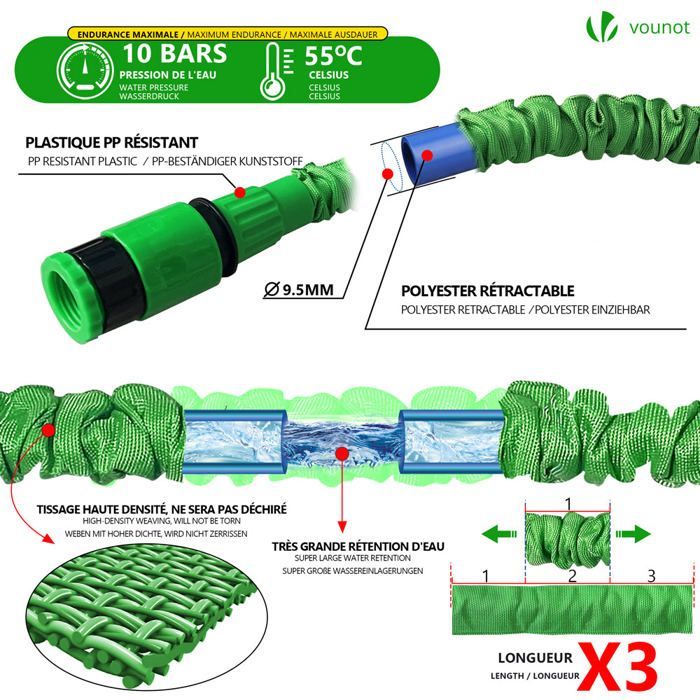 Manguera de jardín extensible VOUNOT® de 30 m, verde - 10 patrones de pulverización - Conector y bolsa de almacenamiento incluidos - Flexible y a prueba de fugas