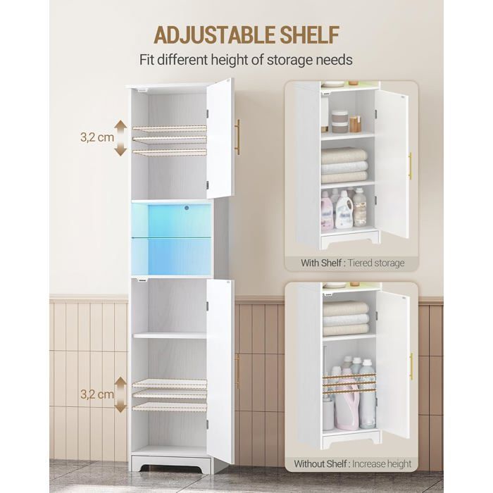 Mobiletto da bagno con illuminazione a LED, contenitore con due ante, ripiani regolabili, per lavanderia, bianco