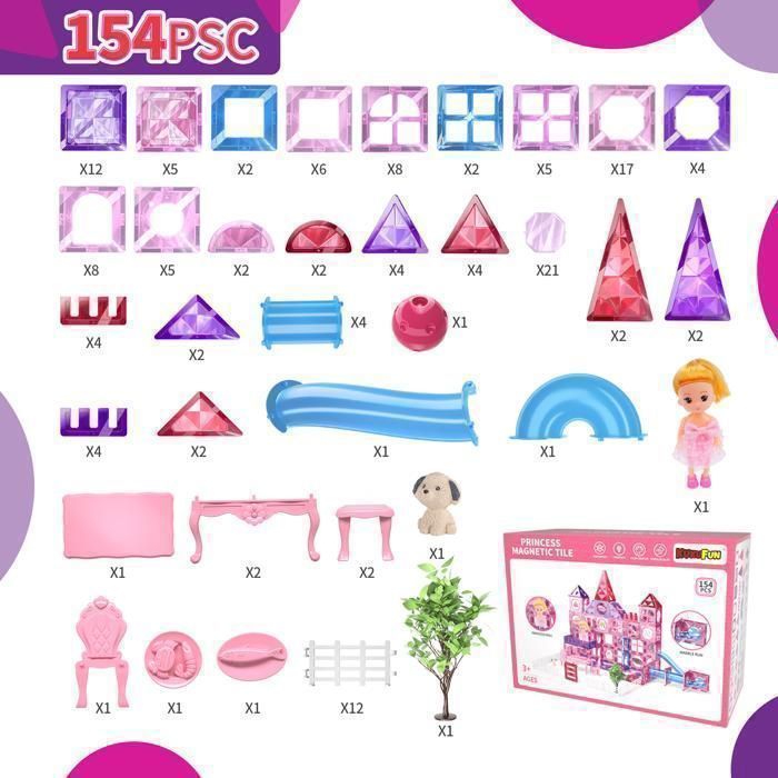 KUKUFUN Magnetic Building Set - 154 Pieces - With Princess Dollhouse Toy - Christmas/Birthday Gift for Girls