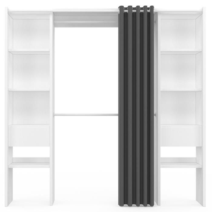 IDMARKET Dressing extensible double MERYL 120/180 x 50 x 180 cm blanc avec étagères + double penderie + rideau gris