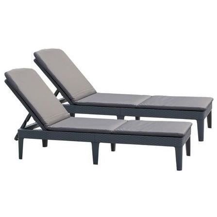 Set of 2 sun loungers - Allibert by KETER - JAIPUR - in imitation woven rattan resin - Cushion - Adjustable backrest - Graphite Grey