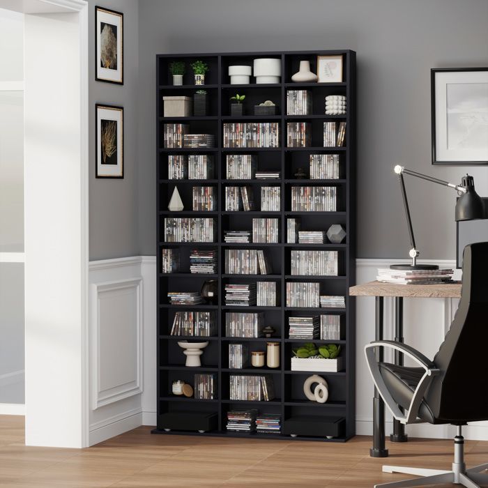 Estantería de almacenamiento - HOMCOM - para CD, DVD, 1116 CD, 36 compartimentos, estantes ajustables - madera - 102 x 23,5 x 195 cm - negro