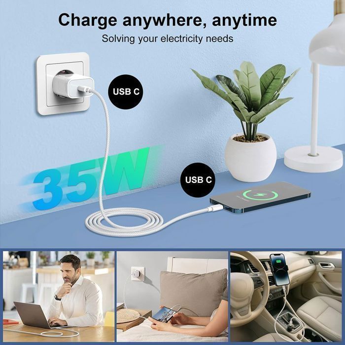 35-W-Schnellladegerät – EFConnection – 2 x 1 m USB-C-Kabel – Kompatibel mit iPhone 17/16/15 – Schnellladefunktion