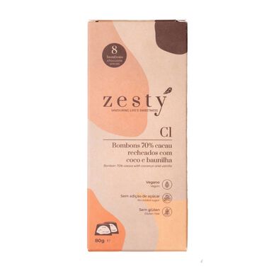 Zesty C1 Suklaakarkit 70 % kaakaota, kookosta ja vaniljaa Suklaakarkit Kookos ja vanilja 80 g 80 g