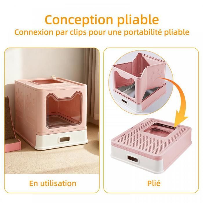 SUPFINE Bac à Litière pour Chat avec 2 Portes, Maison de Toilette Pliable pour Chat avec Couvercle et Tiroir, 41 × 51 × 38 cm