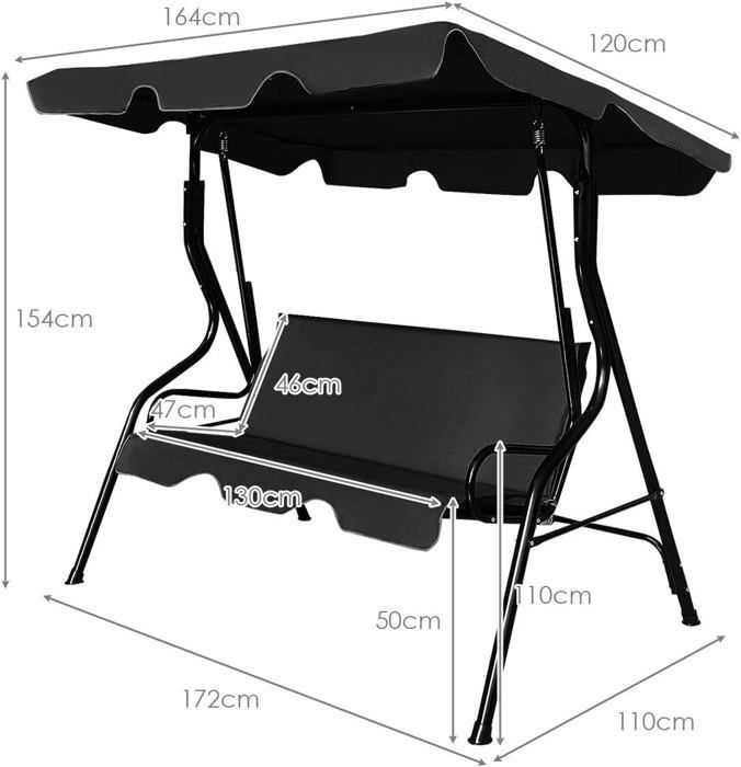 Columpio de jardín GOPLUS de 3 plazas, 170x110x153 cm, con toldo ajustable, tejido de poliéster/estructura de acero, negro.