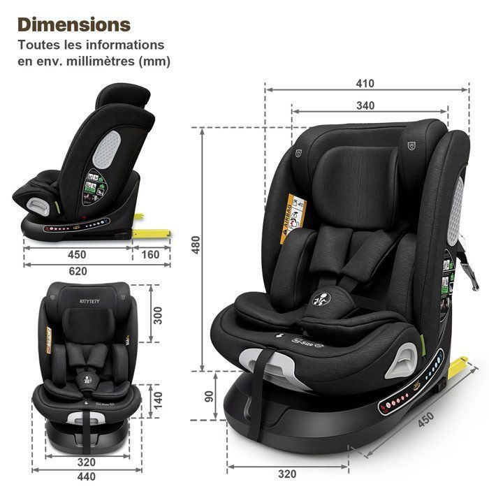 KITYTETY Siège Auto ISOFIX LATCH 360° rotatif 40-150 cm, I-SIZE R129/04 - Gr 0+/1/2/3, SIP Protection, Inclinable réglable - Noir