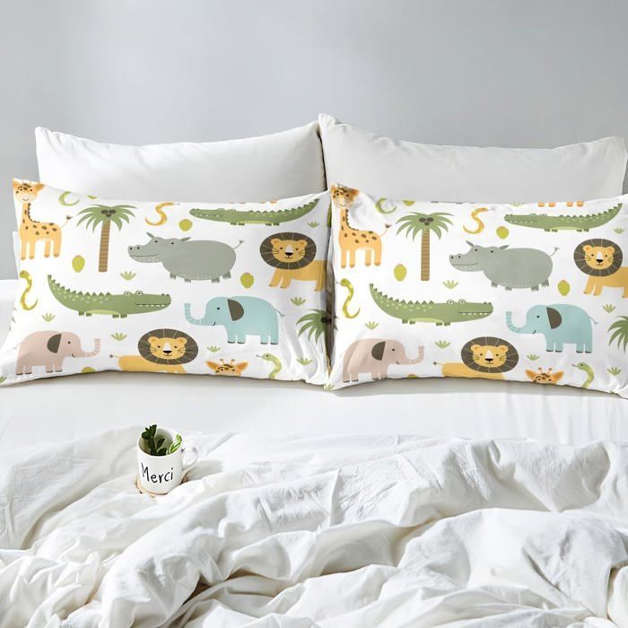 Parure de Lit Wildlife Mignon Hippopotame Crocodile Lion Housse de Couette 140x200cm Enfants Dessin animé éléphant Girafe Literie