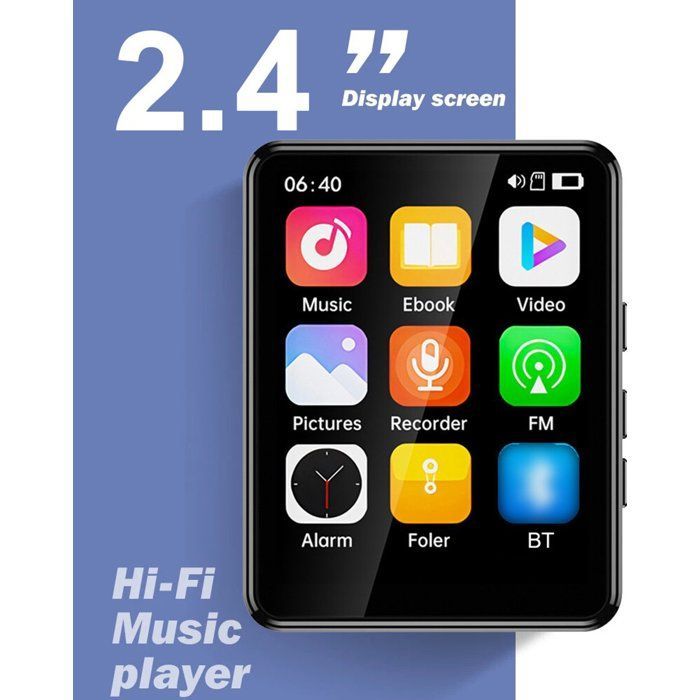 Reproductor MP4/MP3 Bluetooth, sonido HiFi sin pérdidas, pantalla táctil de 2,4 pulgadas, radio FM