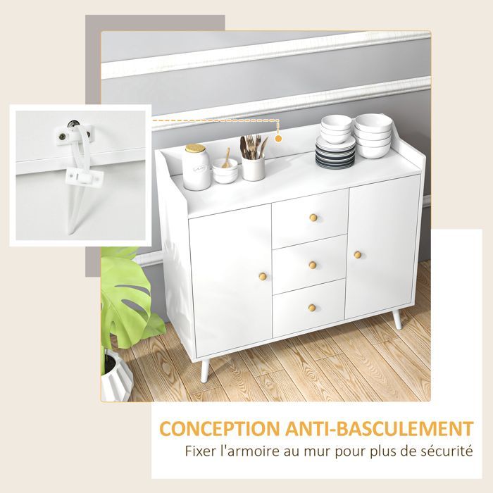 Aparador - HOMCOM - 2 puertas, 3 cajones y patas de madera maciza - estilo moderno - aglomerado - 90 x 32 x 80 cm - blanco