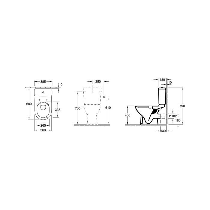 VILLEROY & BOCH - Kit WC a pavimento senza brida O.novo - scarico orizzontale e sedile con chiusura ammortizzata e sgancio rapido - Ceramica