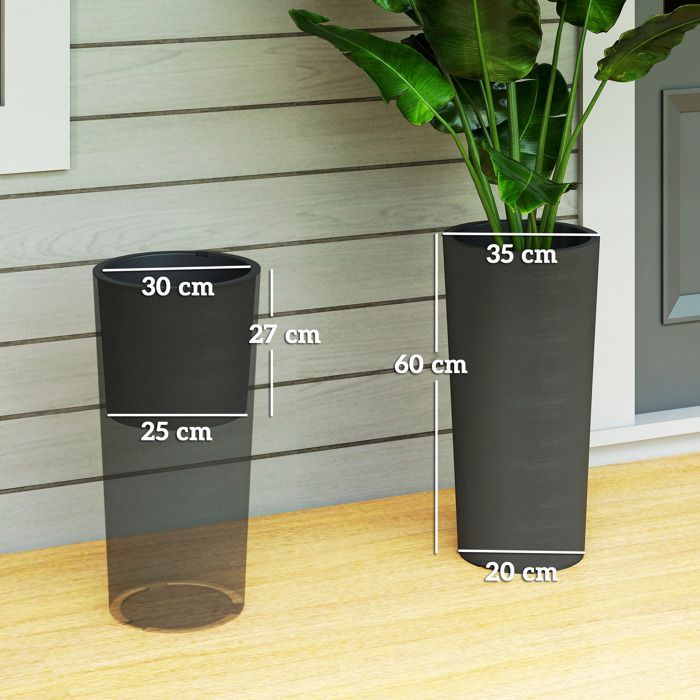 Lot de 2 pots de plantes - Outsunny - empilables - bac intérieur et trous de drainage - plastique - Ø35 x 60cm - gris