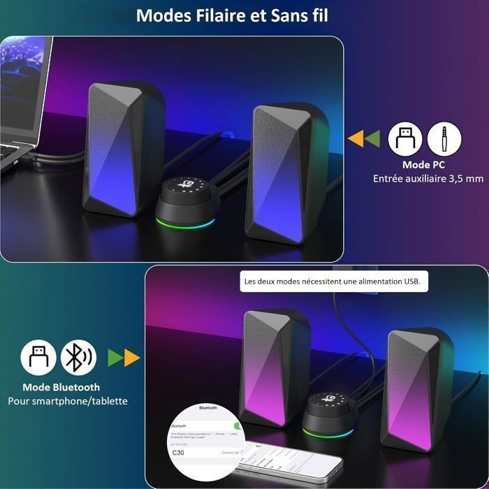 SOULION C30 pc-luidsprekers, Bluetooth-luidspreker voor monitor, laptop, gaming, 3,5 mm aux-ingang, USB-voeding