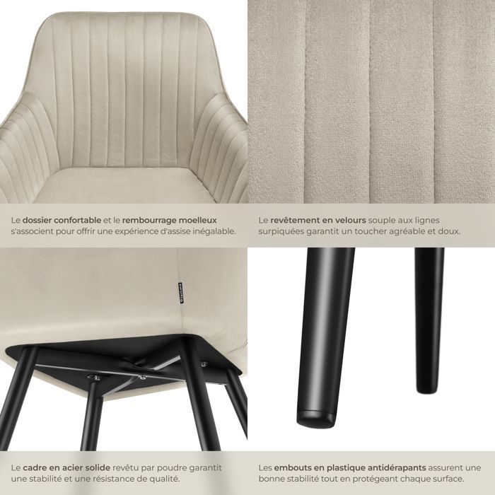 Stoelen - TECTAKE - Set van 2 MARYLIN eetkamerstoelen in fluweellook met zwarte stalen poten - Crème