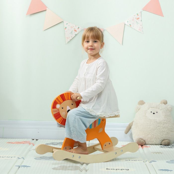 12787 Cheval à bascule pour enfants, lion jouet à bascule bébé en bois avec guidon et base stable, 59 x 27 x 43 cm, orange