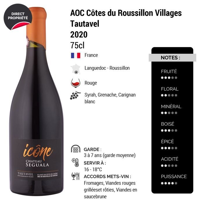 Château Seguala Côtes du Roussillon Villages Tautavel Icône 2020 - Vin Rouge du Languedoc - Roussillon (3x75cl)
