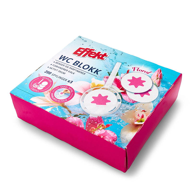 Bloque de inodoro Effect, paquete de 3, estampado floral, fácil carga, efecto