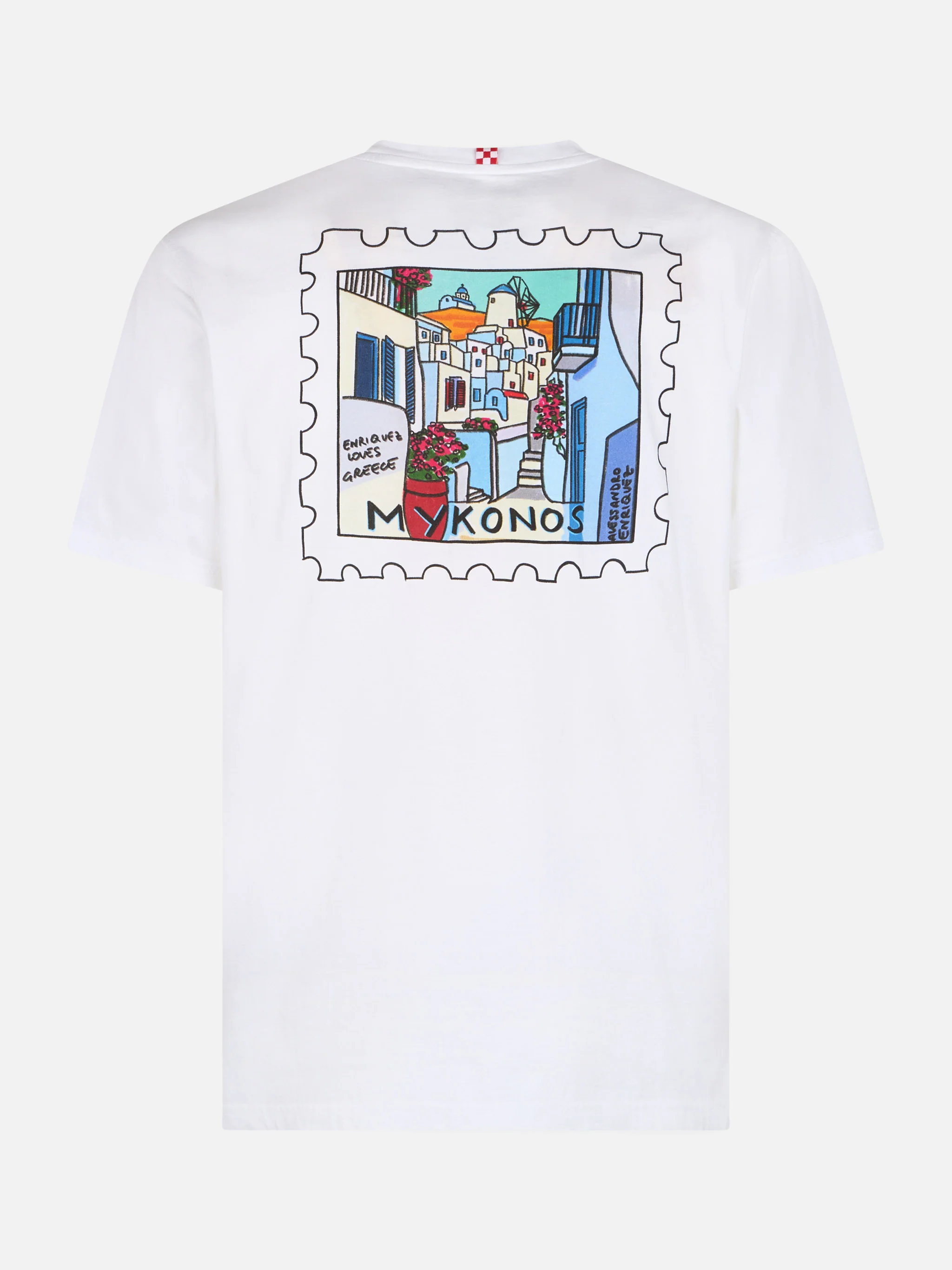 Heren katoenen T-shirt met Mykon-ansichtkaartprint op voor- en achterkant