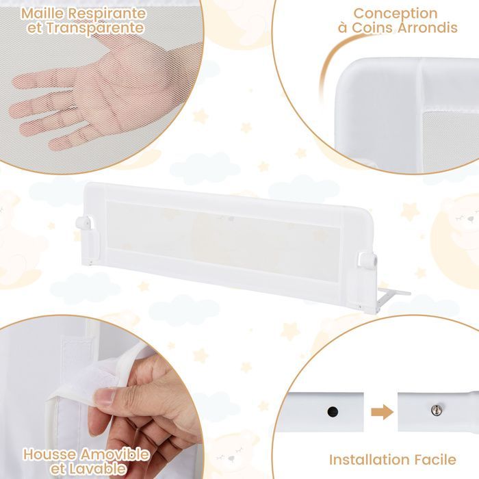 COSTWAY Barrière de Lit Pliable pour Bébé/Enfant 150x52CM en Tissu Oxford Angle 0°-180°avec Mousse Souple, Trous Pré-percés Blanc