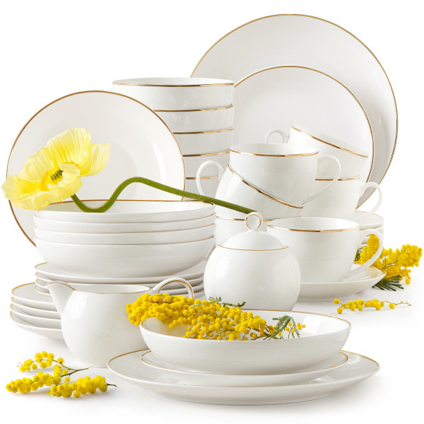 KONSIMO AD BELLA Ecru/złoty zestaw obiadowo-kawowy 6 os. (38 el.) porcelana