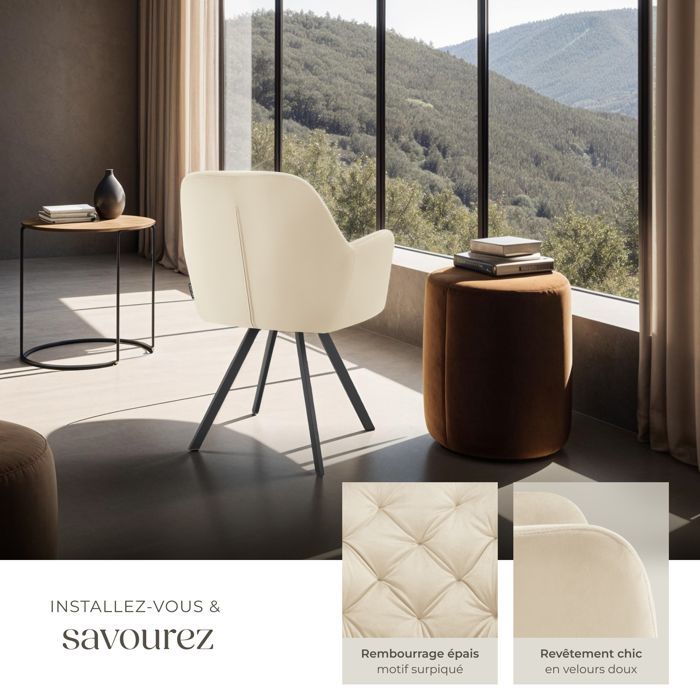 Chaises - TECTAKE - Lot de 4 fauteuils LUCIA pivotants à 180° rembourré en velours motif matelassé 58 x 58 x 87 cm - Crème