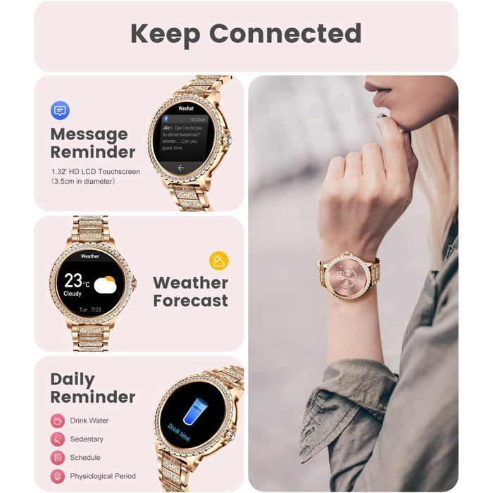 Bluetooth-Smartwatch für Damen mit Anruffunktion für Android und iOS, Sport- und Fitness-Tracker, 1,32-Zoll-HD-Display, Herzfrequenzmesser