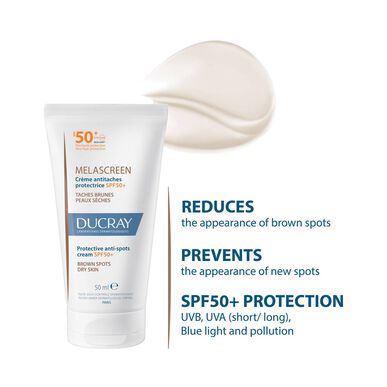 Ducray Melascreen beskyttende anti-kvisekrem, ansiktskrem for tørr hud, SPF 50, 50 ml